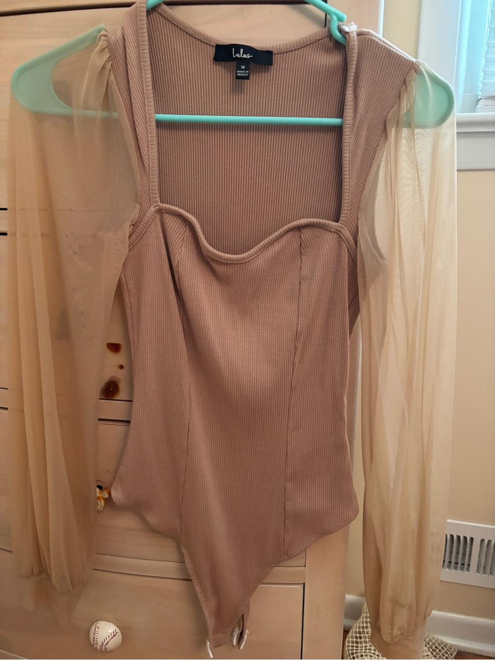 Lulu's Nude Mesh-Sleeve Ribbed Bodysuit